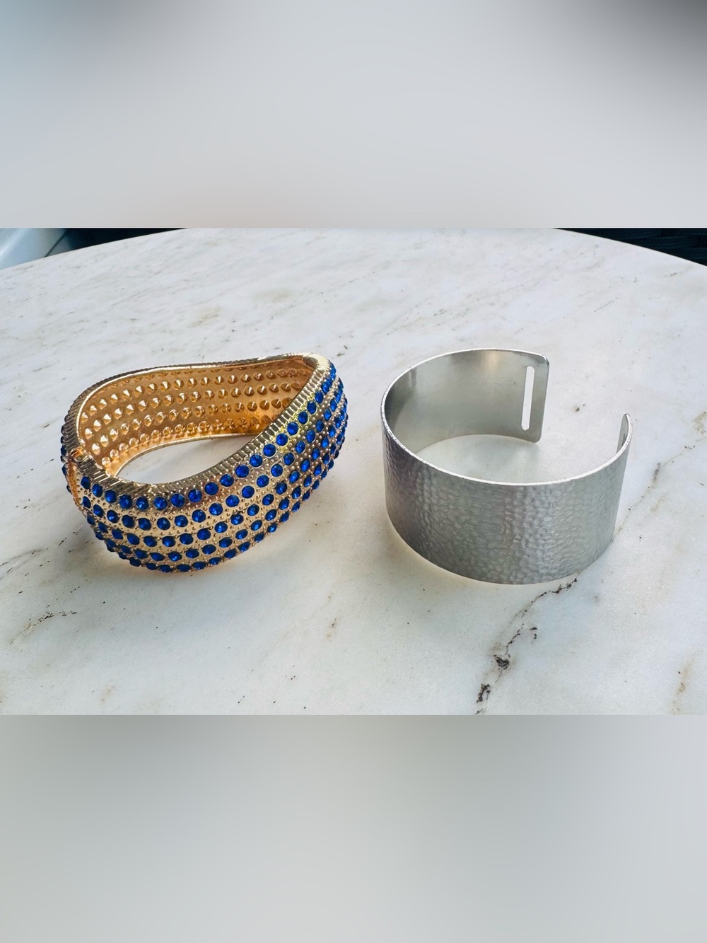 Lot of 2 Statement Cuff Bracelets Blue Rhinestone & Hammered Silver